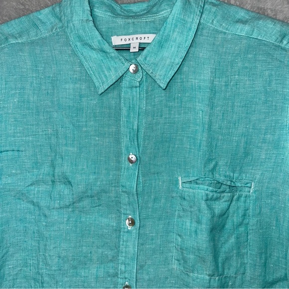 Foxcroft Turquoise Button-Up Linen Shirt Womens Size 14 - Picture 2 of 9
